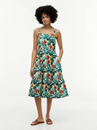Abito a balze in misto lino con stampa tropicale