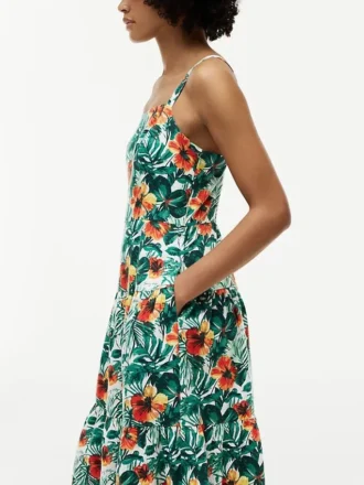 Abito a balze in misto lino con stampa tropicale