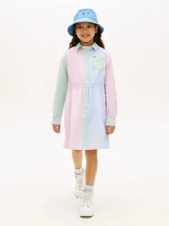 Abito a camicia elasticizzato a righe miste per bambina