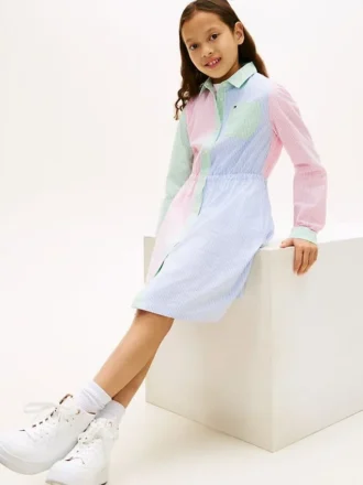 Abito a camicia elasticizzato a righe miste per bambina