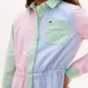 Abito a camicia elasticizzato a righe miste per bambina
