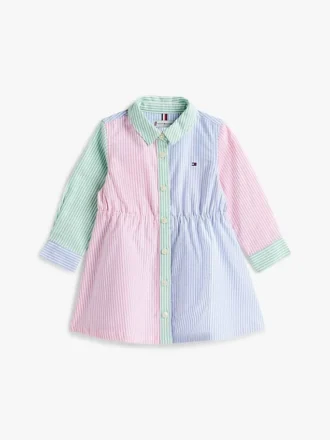 Abito a camicia elasticizzato a righe miste per neonati