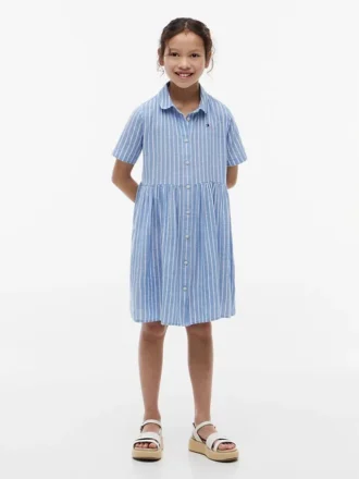Abito a righe in misto cotone e lino per bambina