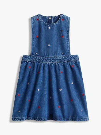 Abito a salopette in denim con motivi floreali per bambina