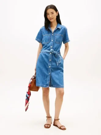 Abito chemisier in denim con cintura e lavaggio medio