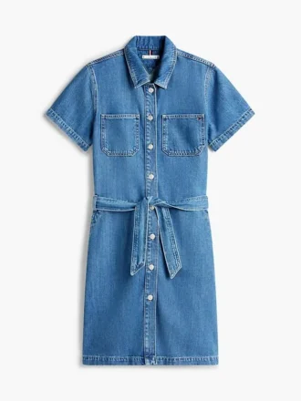 Abito chemisier in denim con cintura e lavaggio medio