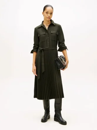 Abito chemisier in twill plissettato con cintura