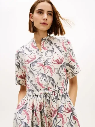 Abito chemisier midi in lino con stampa animalier