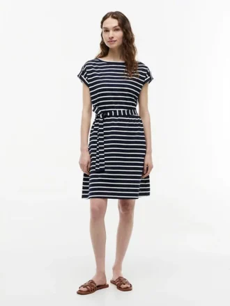 Abito in cotone elasticizzato a righe con cintura