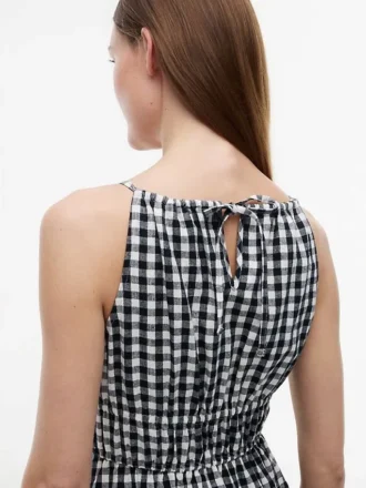 Abito midi in misto lino con arricciature a quadretti