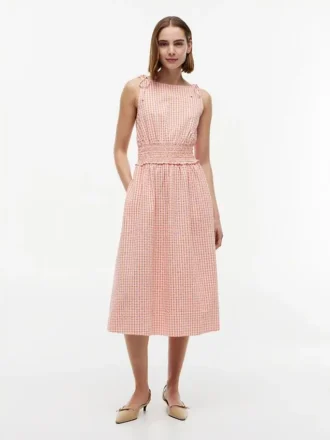 Abito midi in seersucker a quadretti arancioni