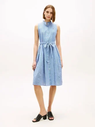 Abito midi in seersucker a quadretti con cintura