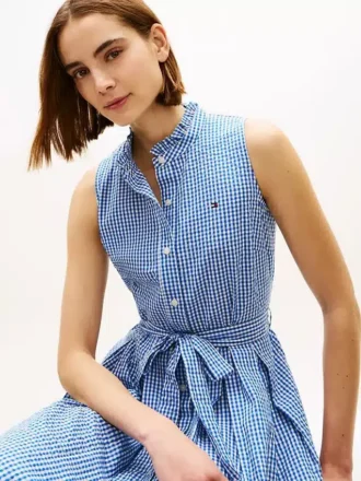 Abito midi in seersucker a quadretti con cintura