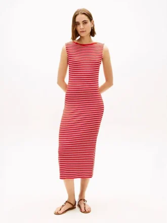 Abito midi slim fit a righe con scollo a barchetta