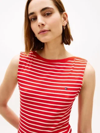 Abito midi slim fit a righe con scollo a barchetta