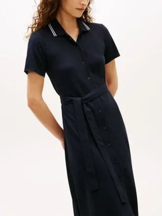 Abito polo midi con cintura e bordi a contrasto