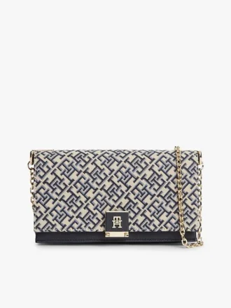 Borsa a tracolla con catena jacquard e chiusura con monogramma