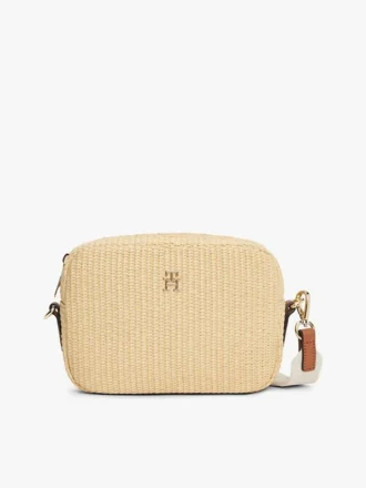 Borsa a tracolla in rafia con logo monogramma