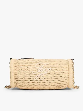 Borsa con tracolla a catena in rafia con monogramma script