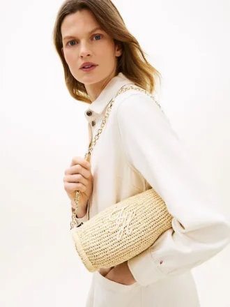 Borsa con tracolla a catena in rafia con monogramma script