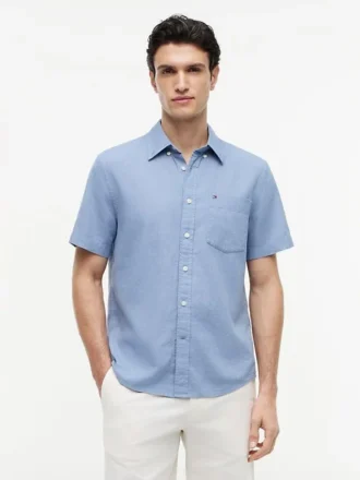 Camicia a maniche corte in misto lino, vestibilità regolare per pantaloncini
