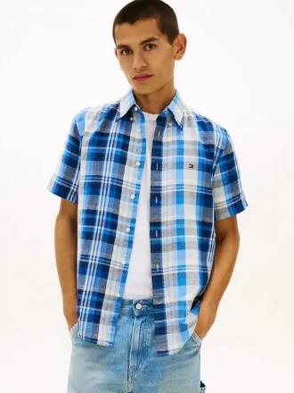 Camicia a quadri in misto cotone e lino