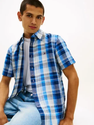 Camicia a quadri in misto cotone e lino