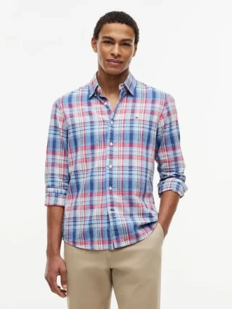 Camicia a quadri in misto lino, vestibilità regolare