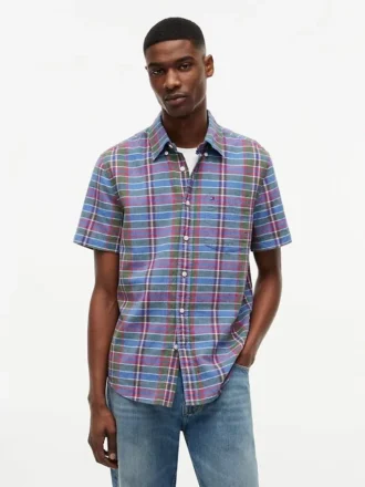 Camicia a quadri in misto lino, vestibilità regolare