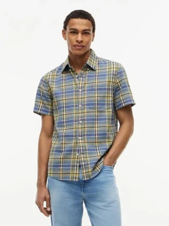 Camicia a quadri in misto lino, vestibilità regolare