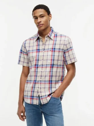 Camicia a quadri in misto lino, vestibilità regolare