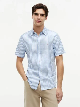 Camicia a righe in misto cotone e lino, vestibilità regolare