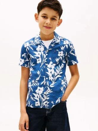 Camicia da bambino in misto lino e cotone a fiori