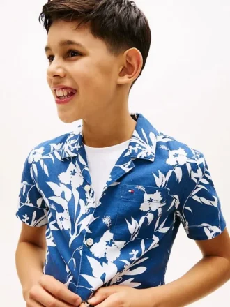 Camicia da bambino in misto lino e cotone a fiori