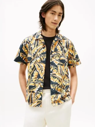 Camicia da campeggio con stampa foglie di palma e effetto carta