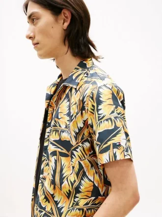 Camicia da campeggio con stampa foglie di palma e effetto carta