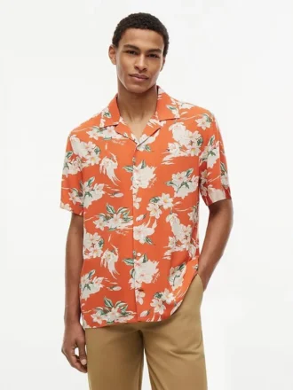 Camicia da campeggio in misto lino a fiori, vestibilità regolare