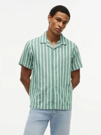 Camicia da campo a righe in misto cotone e lino