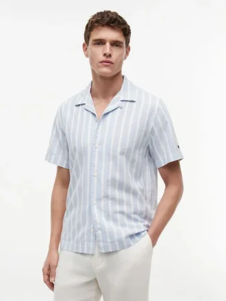 Camicia da campo a righe in misto cotone e lino