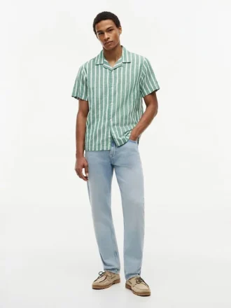 Camicia da campo a righe in misto cotone e lino