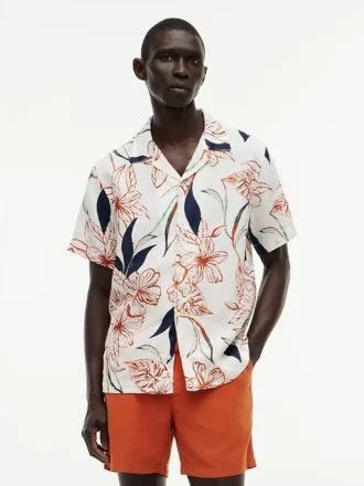 Camicia da campo in lino a fiori, vestibilità regolare