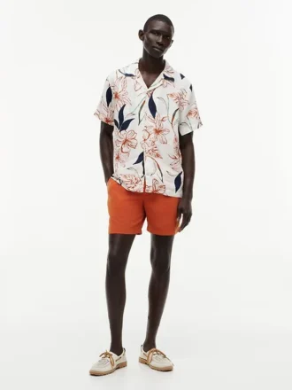 Camicia da campo in lino a fiori, vestibilità regolare