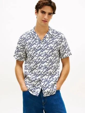 Camicia da campo in lino con monogramma script all-over