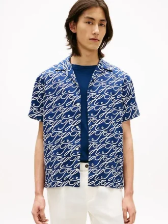 Camicia da campo in lino con monogramma script all-over