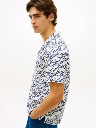 Camicia da campo in lino con monogramma script all-over