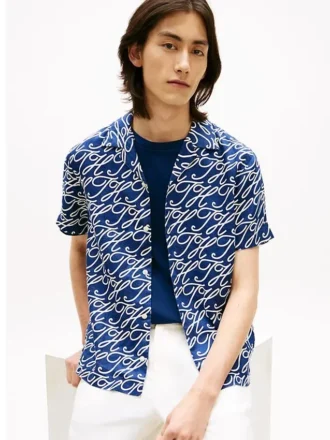 Camicia da campo in lino con monogramma script all-over