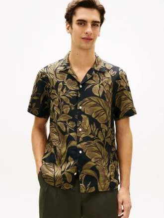 Camicia da campo in lino con stampa tropicale