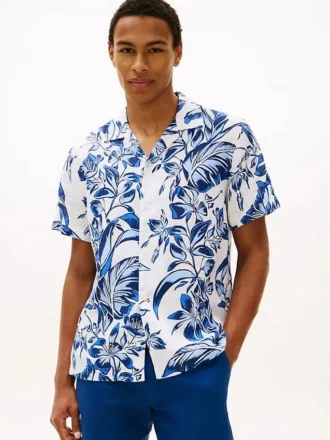 Camicia da campo in lino con stampa tropicale