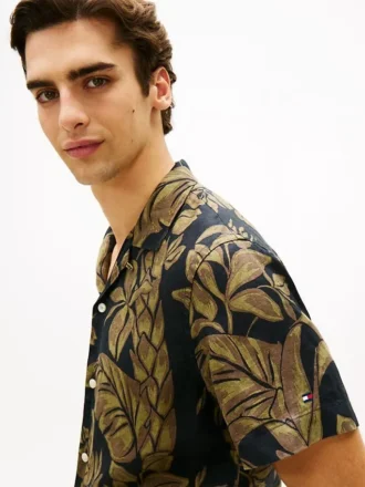 Camicia da campo in lino con stampa tropicale