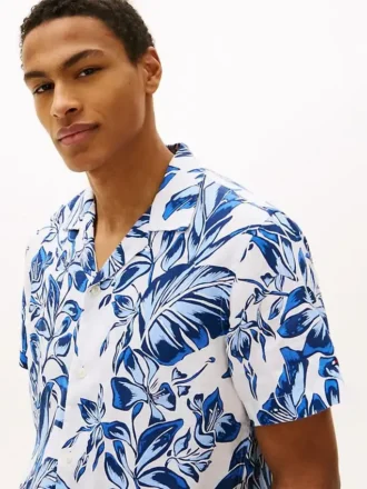 Camicia da campo in lino con stampa tropicale